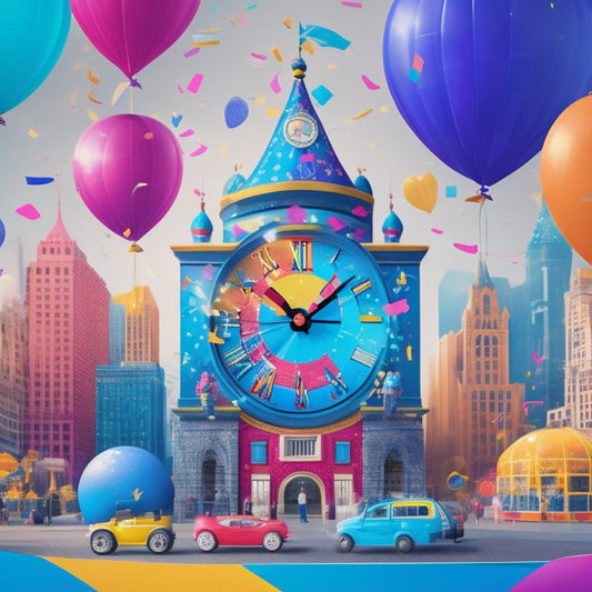 A bright, colorful illustration of a clock with a countdown timer, surrounded by confetti, balloons, and a kid-friendly cityscape with smiling cartoon bloggers at their desks.