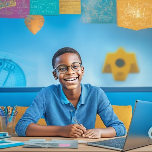 A colorful illustration of a smiling 8th-grade student sitting at a desk, surrounded by laptops and tablets, with math problems and solutions displayed on their screens, amidst a subtle background of mathematical symbols and shapes.