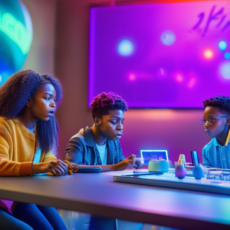 A colorful, futuristic classroom scene with diverse students engaging with digital toys, tablets, and robots, surrounded by swirling coding symbols, circuits, and glowing neon lights, amidst a backdrop of a cityscape.