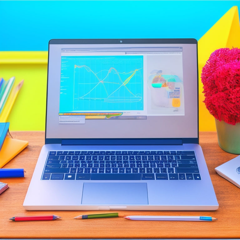 An illustration of a laptop screen displaying a split-screen comparison of various online math learning platforms, with colorful graphs, charts, and icons, surrounded by scattered math textbooks and pencils.