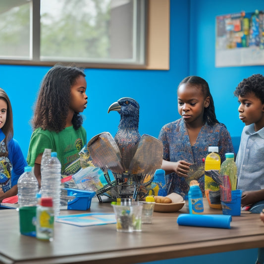 A colorful classroom scene with diverse students aged 8-12, surrounded by recycling bins, sorting materials, and creative projects, like a robotic bird made from plastic bottles and a collage of newspaper clippings.