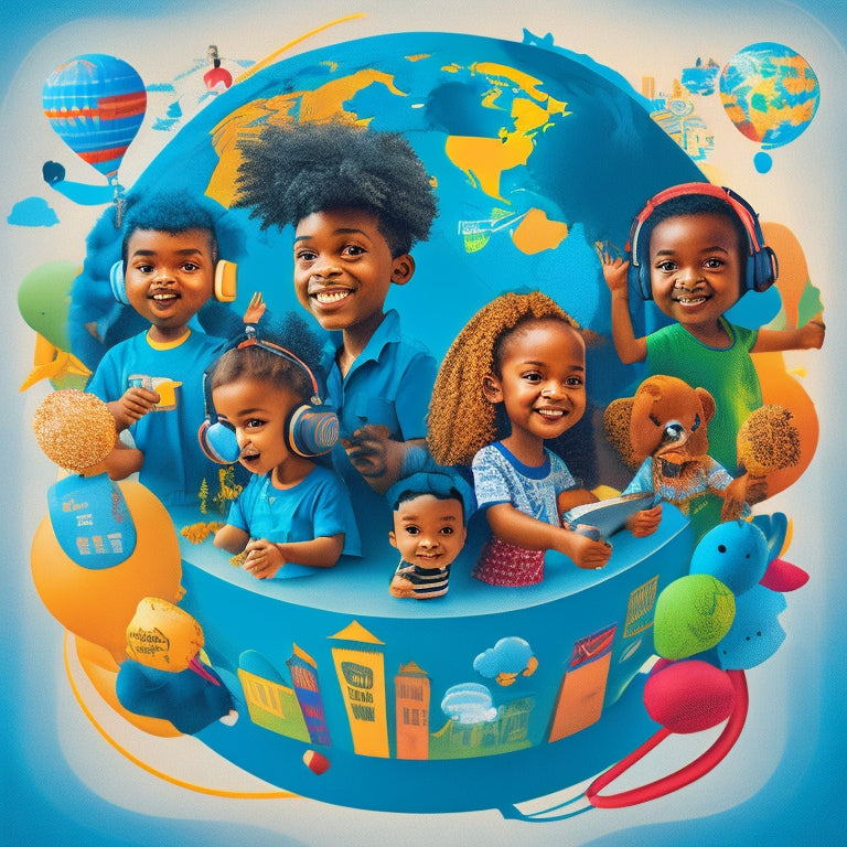 A colorful illustration of a globe surrounded by diverse cartoon kids and beginner-friendly icons, such as speech bubbles, headphones, and smartphones, amidst a subtle background of linguistic patterns.