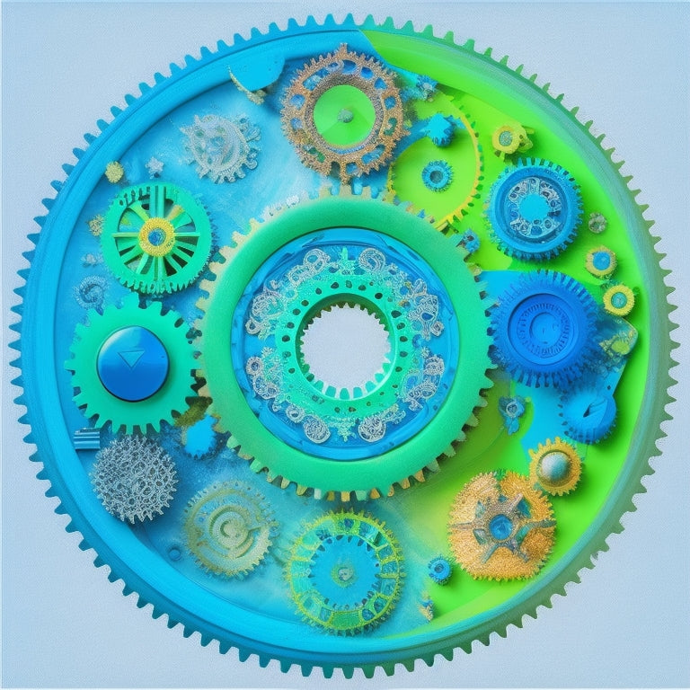 A colorful, circular diagram with interconnected gears, each gear featuring a unique math symbol (e.g., +, -, x, /) or icon (e.g., calculator, globe), surrounded by subtle, swirling patterns of blue and green.