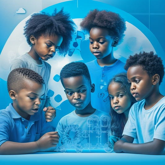 A futuristic, minimalist illustration featuring a diverse group of children (ages 8-12) from different ethnic backgrounds, surrounded by thought bubbles, gears, and puzzle pieces, set against a subtle, gradient blue background.