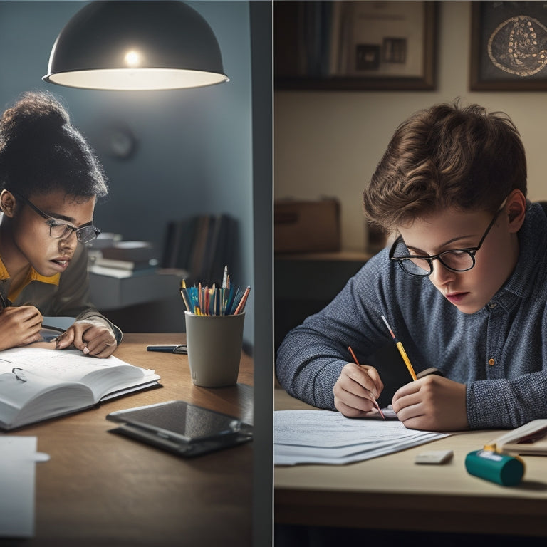 A split-screen illustration showing a frustrated student surrounded by scattered math problems and broken pencils on one side, and a calm student with a neat workspace and a lightbulb moment on the other.