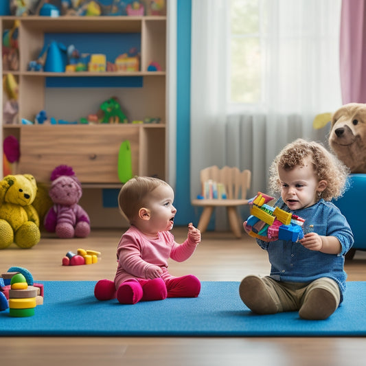 A colorful, clutter-free playroom scene featuring a happy toddler surrounded by a variety of toys, including wooden blocks, stuffed animals, and a push-pull toy, amidst a soft, natural light background.