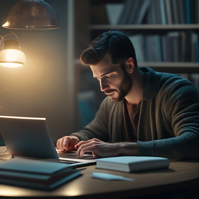 An illustration of a calm, focused adult sitting in front of a laptop, surrounded by scattered math textbooks and notes, with a subtle glowing light emanating from the screen.
