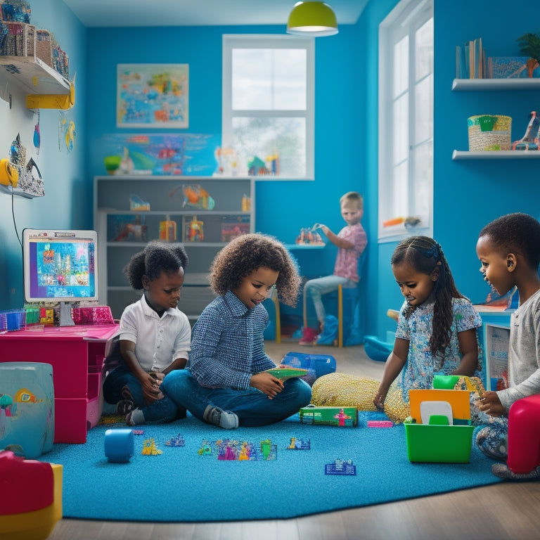 A colorful, clutter-free playroom with a mix of robots, coding blocks, and tablets, surrounded by happy, diverse kids aged 4-10, engaged in interactive learning activities, with soft, warm lighting.