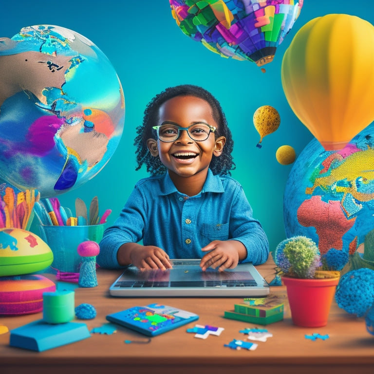 A colorful illustration of a smiling child sitting in front of a laptop, surrounded by virtual learning tools, such as 3D globes, puzzle pieces, and thought bubbles, amidst a whimsical digital landscape.