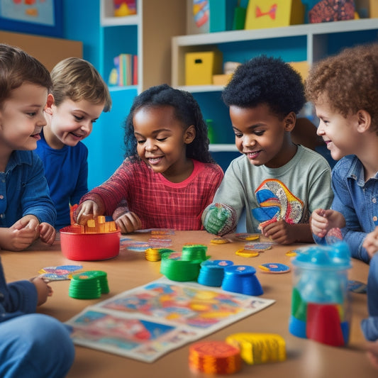 A bright, colorful illustration of a group of diverse kids aged 6-12 gathered around a table, engaged in various fun money-themed games with coins, bills, and piggy banks.