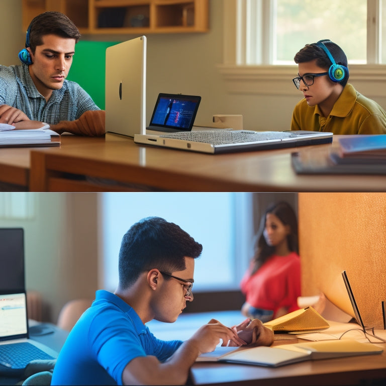 A split-screen image featuring a student sitting at a desk with a laptop and headphones, surrounded by math textbooks and notes, alongside a virtual whiteboard with animated math problems and solutions.