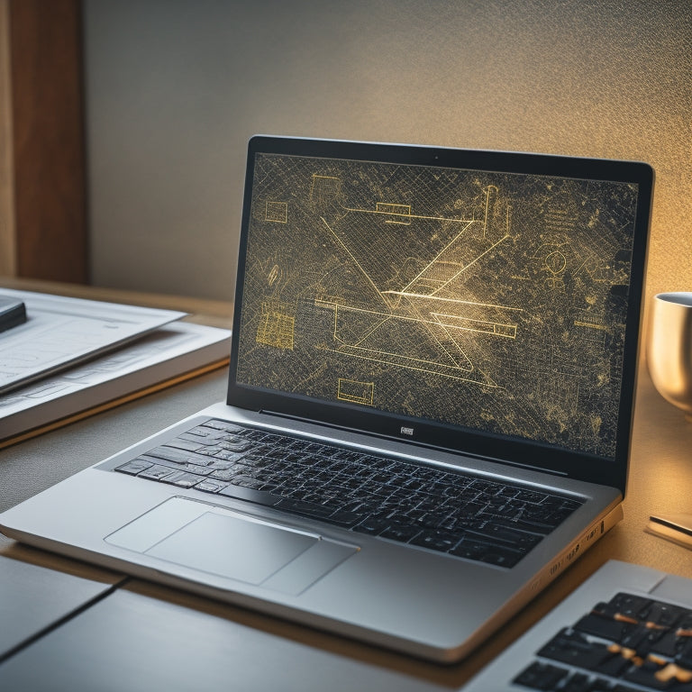 A futuristic, minimalist illustration depicting a laptop with a split-screen display: a geometric puzzle on the left and a graph with rising lines on the right, surrounded by subtle math symbols and icons.