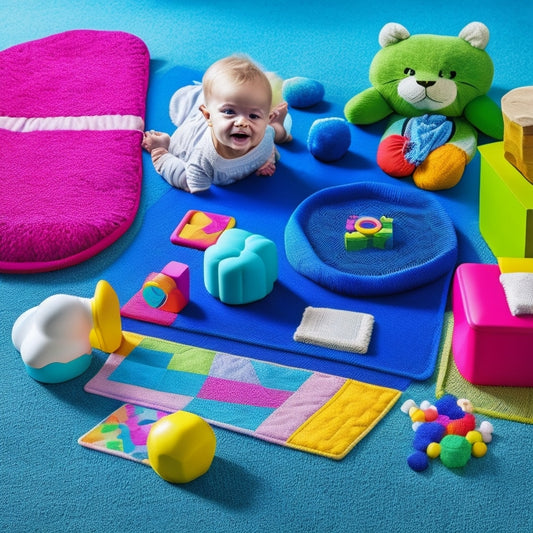 A colorful, clutter-free playmat with 5-7 toys scattered around, including a soft cube, a set of stacking rings, a music toy, a teething toy, and a few soft blocks, with a subtle baby blanket in the background.