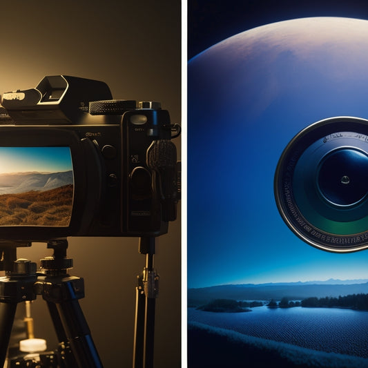 A split-screen composition featuring a film reel with a globe wrapped around it on one side, and a silhouette of a filmmaker behind a camera on the other, set against a dark, gradient blue background.