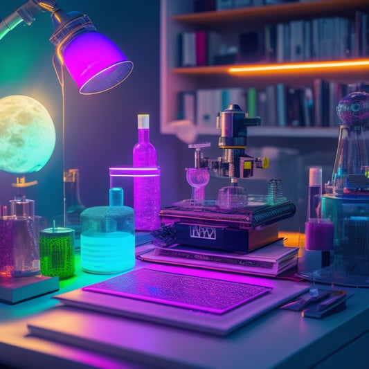 A vibrant, futuristic desk cluttered with colorful science experiment tubes, a miniature robot, a microscope, and a stack of books with glowing, neon-lit pages, surrounded by a subtle, shimmering aura.