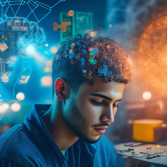 An illustration of a student surrounded by digital puzzle pieces, gears, and lightbulbs, with thought bubbles and sparks emanating from their head, amidst a subtle background of circuit boards and coding patterns.