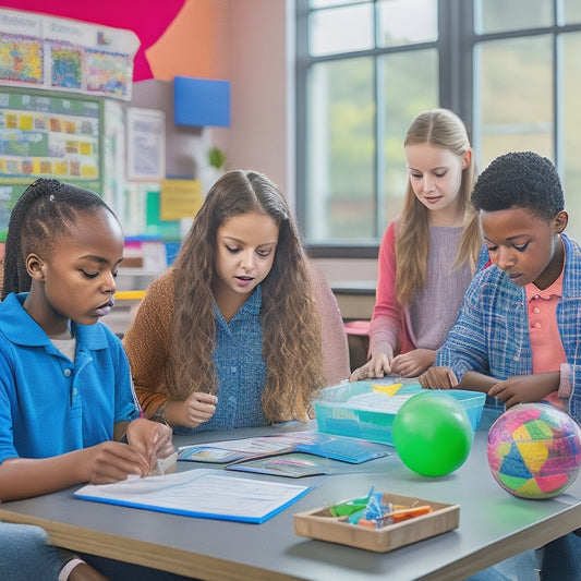 A vibrant, bustling classroom scene: diverse middle school students engaged in hands-on activities, surrounded by colorful supplies, diagrams, and charts, with laptops and tablets open, amidst a backdrop of collaborative learning.