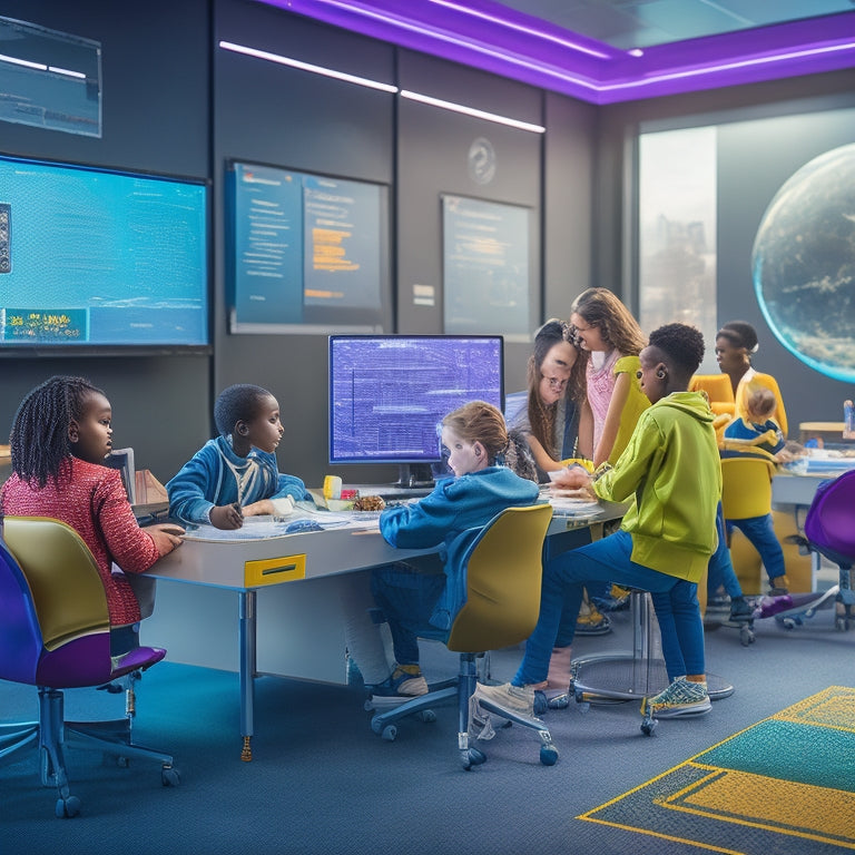 A futuristic classroom with diverse students aged 8-12, surrounded by innovative STEM kits, robotics, and coding tools, amidst a backdrop of colorful diagrams, circuits, and futuristic cityscapes.
