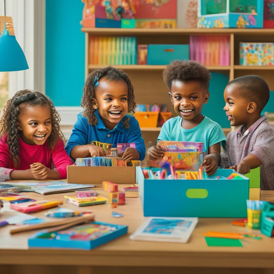 A bright, clutter-free desk with colorful, opened subscription boxes, scattered art supplies, and curious toys, surrounded by two engaged, smiling children, ages 6-8, with focused expressions.