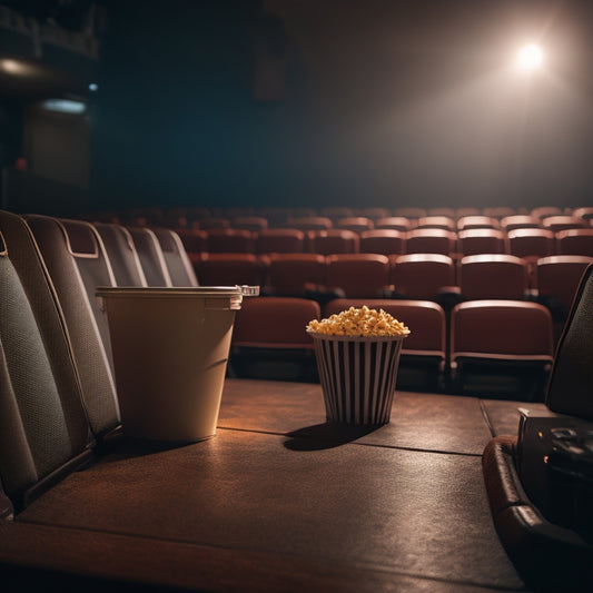 A dimly lit movie theater with a single, occupied seat, surrounded by empty rows, with a faint movie projection glow on the screen in the background, and a solitary popcorn bucket on the floor.