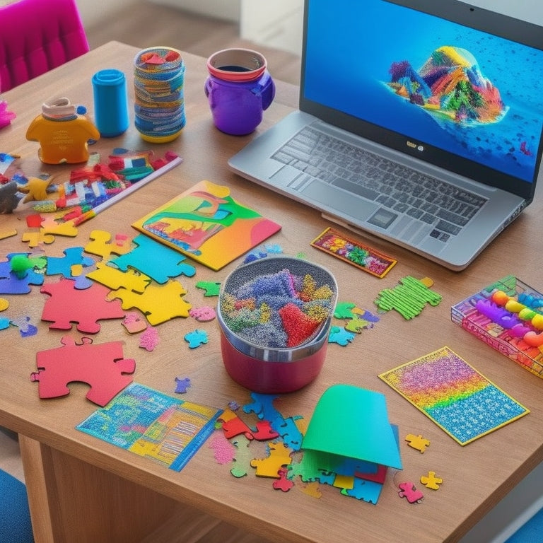 Illustrate a vibrant, clutter-free desk with a laptop, open to a colorful online game, surrounded by scattered puzzle pieces, a few crayons, and a smiling 4th grader's hands in the midst of gameplay.