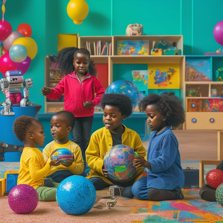 A colorful, vibrant illustration of diverse children engaged in various educational activities: building with blocks, conducting a science experiment, reading books, and creating art, surrounded by globes, robots, and musical instruments.
