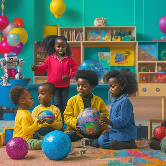 A colorful, vibrant illustration of diverse children engaged in various educational activities: building with blocks, conducting a science experiment, reading books, and creating art, surrounded by globes, robots, and musical instruments.