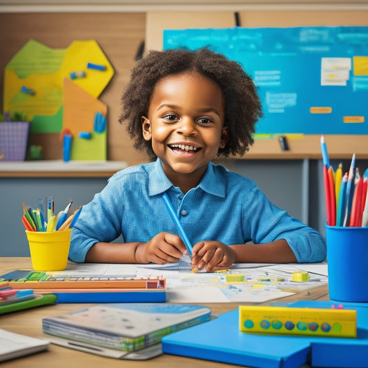 A colorful, clutter-free illustration of a smiling elementary-aged child sitting at a desk surrounded by scattered math worksheets, pencils, and a laptop open to a virtual math platform.