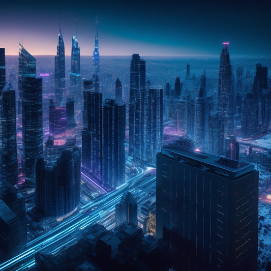 A futuristic, neon-lit cityscape at dusk, with 3D statistical graphs and charts projected onto skyscrapers, amidst swirling clouds of data points and mathematical symbols.