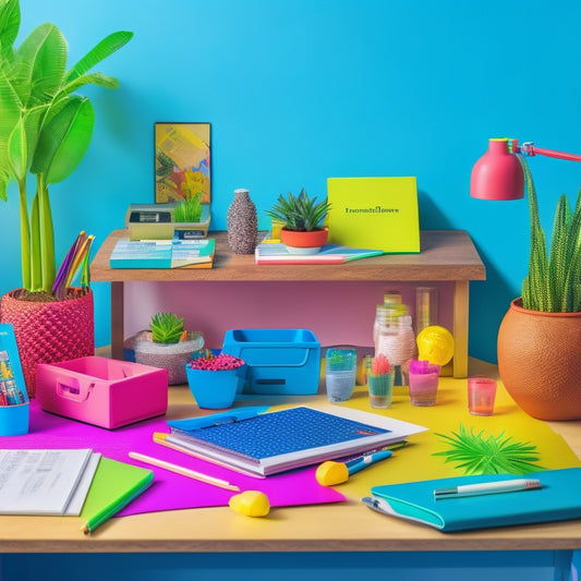 A colorful, clutter-free desk with a variety of innovative school supplies, including a 3D printer, a tablet with a stylus, a set of vibrant markers, and a stack of eco-friendly notebooks, surrounded by plants.