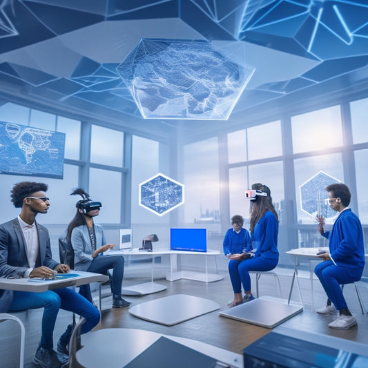 A futuristic classroom with diverse students wearing VR headsets, surrounded by mathematical concepts and shapes floating in mid-air, with virtual geometric structures and swirling fractals in the background.