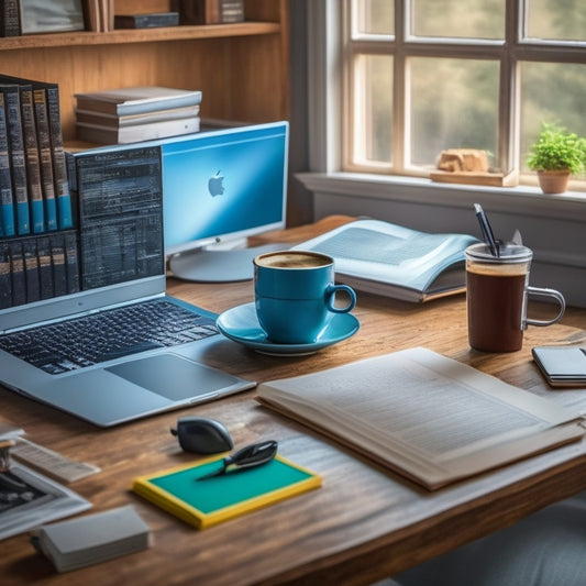 A serene, organized desk with a laptop, open to a digital math worksheet, amidst scattered papers and pens, surrounded by calm, blurred-out background elements, such as bookshelves and a coffee cup.