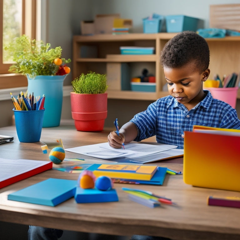 A colorful, clutter-free desk with a laptop, a stack of printed math worksheets, a pencil holder with sharpened pencils, and a happy, focused child in the background, surrounded by subtle, educational decorations.