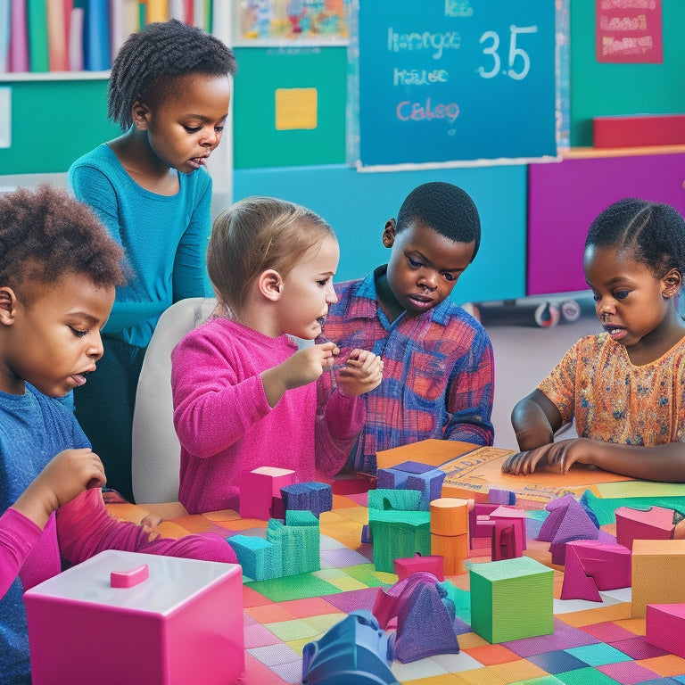 A colorful illustration of diverse students (ages 6-12) engaged in various math-based activities: building blocks, puzzles, and digital tablets, surrounded by swirling math symbols and shapes in a bright, futuristic classroom.