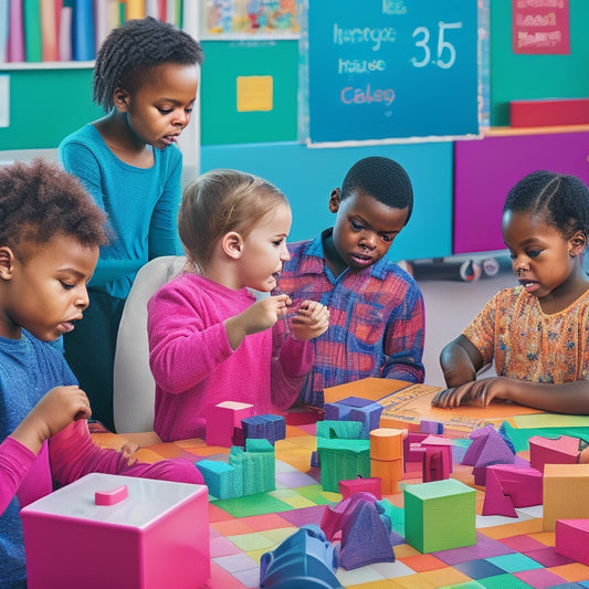 A colorful illustration of diverse students (ages 6-12) engaged in various math-based activities: building blocks, puzzles, and digital tablets, surrounded by swirling math symbols and shapes in a bright, futuristic classroom.