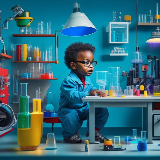 A colorful illustration of a curious child surrounded by various science equipment, such as beakers, microscopes, and a robot, with a computer screen displaying a virtual lab in the background.