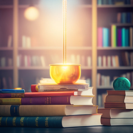 A colorful, modern illustration of a person holding a stack of books, with dollar signs and coins bursting out of the top book, surrounded by a subtle background of bookshelves and warm lighting.