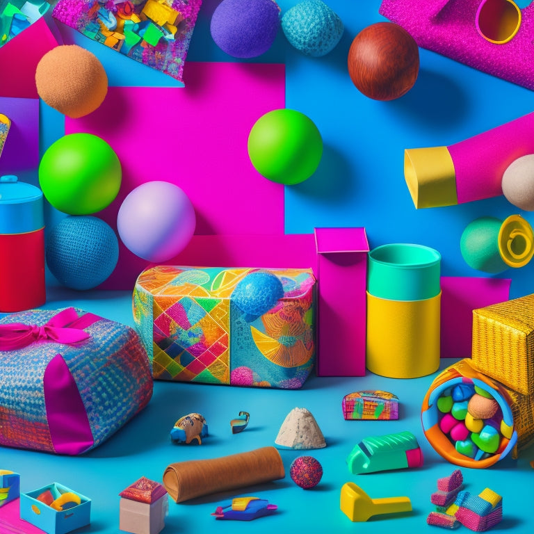 A bright, colorful background with various toy packaging designs, including cardboard boxes, plastic blisters, and fabric pouches, arranged in a chaotic yet visually appealing manner, with toys spilling out.