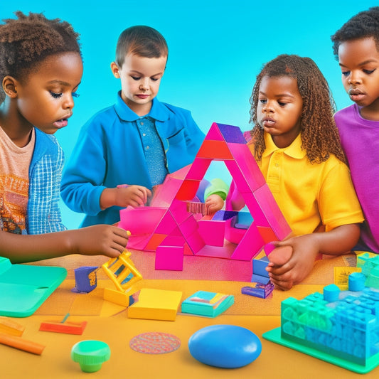 A colorful illustration of a diverse group of elementary students engaged in various math activities, surrounded by tools like geometric shapes, abacuses, and math-themed building blocks.