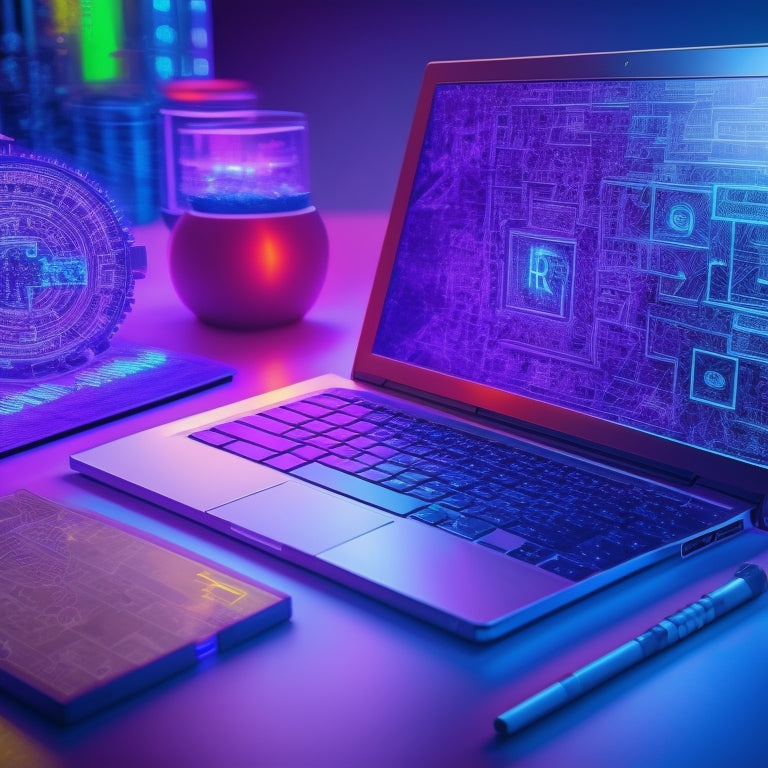 A stylized illustration of a Chromebook surrounded by puzzle pieces, brain teasers, and cryptic locks, with a subtle background of mathematical formulas and algorithms in a futuristic neon-lit setting.