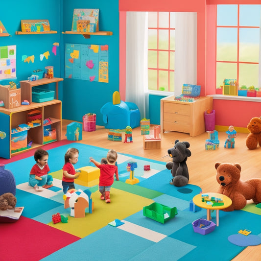 A colorful, clutter-free illustration of a joyful preschool classroom with various interactive math stations, featuring blocks, shape sorters, counting bears, and a number line on a rug, surrounded by happy children engaged in play.