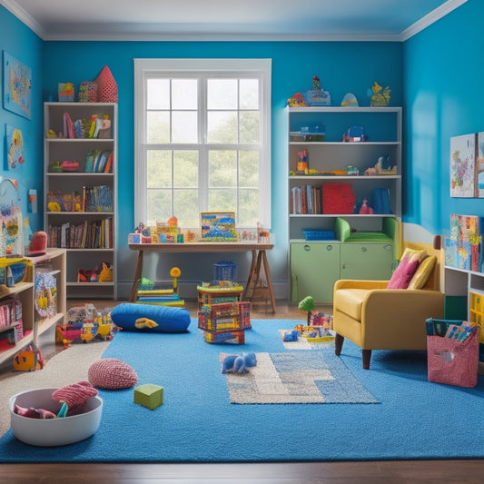 A colorful, clutter-free playroom with a mix of 8-10 toys and materials, including building blocks, puzzles, play kitchen, art supplies, and a reading nook with pillows and a few favorite books.