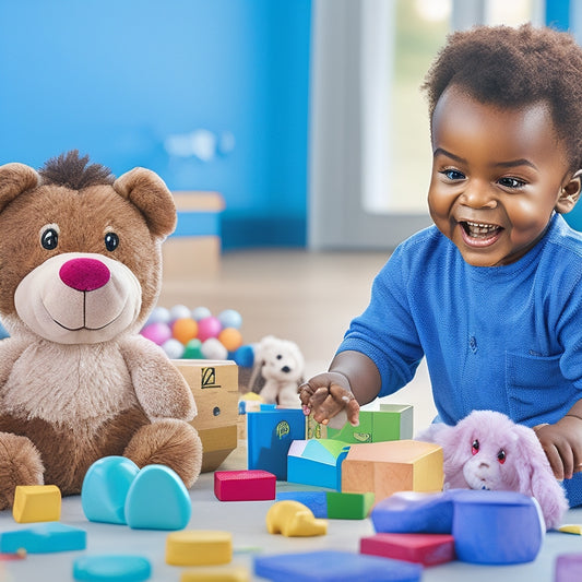 A colorful illustration of a smiling preschooler surrounded by interactive worksheets, counting blocks, and stuffed animals, with a subtle background of a cheerful, cartoon-style number line.