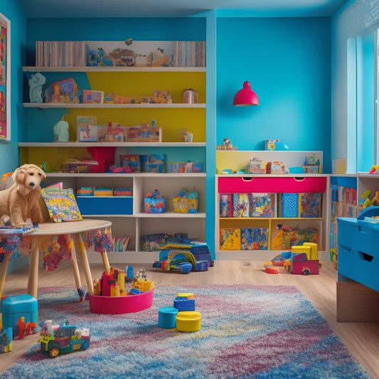 A colorful, clutter-free playroom with a mix of 6-8 educational toys, including a microscope, building blocks, and a puzzle, arranged on shelves and tables, surrounded by curious toys and learning materials.