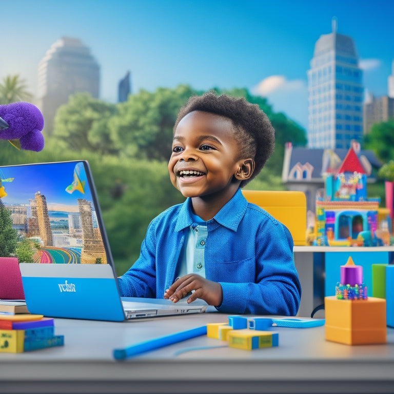 A colorful illustration of a smiling child sitting at a desk, surrounded by laptops, tablets, and educational toys, with a subtle cityscape or park background, conveying a sense of fun and engagement.