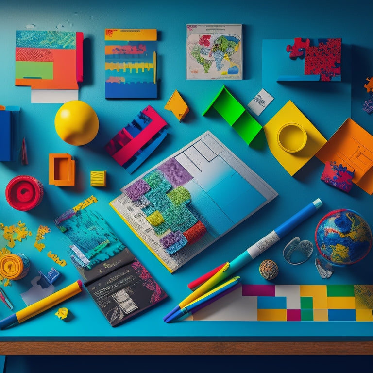 A colorful illustration of a child's desk with multiple puzzle pieces fitting together, surrounded by learning materials, and a subtle background of growth charts and certificates, symbolizing personalized growth and success.