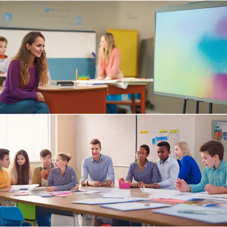 A split-screen image featuring a tidy, modern classroom with students gathered around a large, blank whiteboard, alongside a messy, creative workspace cluttered with design tools and colorful sketches.