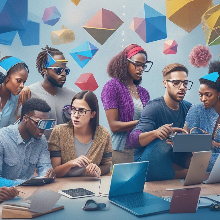 A colorful digital illustration featuring a diverse group of students with varying abilities, surrounded by laptops, tablets, and virtual reality headsets, with geometric shapes, graphs, and math symbols floating in the air.