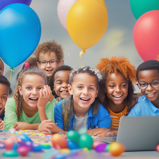 A colorful illustration of diverse elementary students gathered around a laptop, tablets, and desktop computers, engaged in interactive online games, with confetti and balloons in the background.