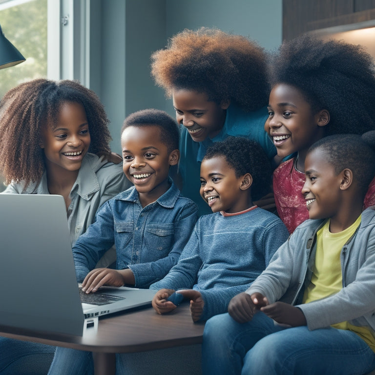 An illustration of a smiling parent sitting on a couch with a laptop, surrounded by happy, engaged children, with a subtle cityscape or park background, conveying a sense of comfort and accessibility.